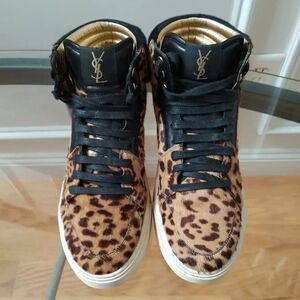 Yves Saint Laurent YSL Leopard Print Pony Hair High Top Sneakers 39 Calf Hair